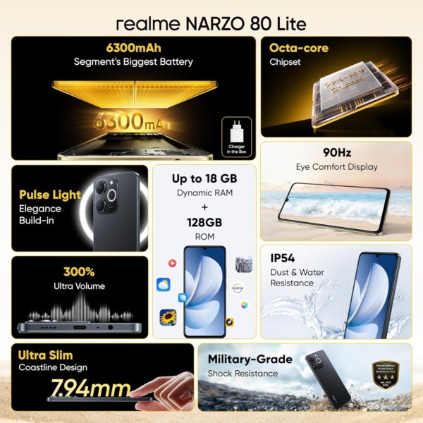 realme NARZO 80 Lite 4G (Obsidian Black, 4GB+64GB) | 6300mAh Segment's Biggest Battery | 7.94mm Slim Design | 300% Ultra Volume | Pulse Light: 9 Colors, 5 Glow Modes | Ai Assist - Image 2