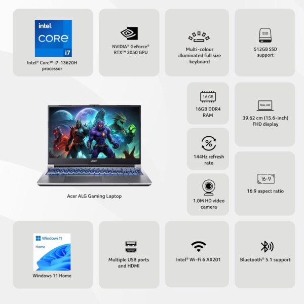 Acer ALG, Intel Core i7-13th Gen 13620H Processor, NVIDIA GeForce RTX 3050-6GB(16GB/512GB) FHD, 39.62cm(15.6"), 144Hz, Windows 11 Home, Steel Gray, 1.99KG, AL15G-53, Premium Metal Body,Gaming Laptop - Image 3