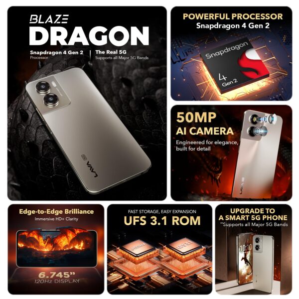 Lava Blaze Dragon (Golden Mist, 4+4*GB RAM, 128 GB)|Snapdragon 4Gen2 (450K+ Antutu)| 120Hz Refresh Rate | UFS 3.1 Storage | 50MP AI Camera| Premium Glossy Back | 5000mAh Battery| 18W Fast Charging - Image 8