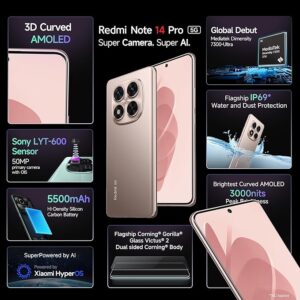 Redmi Note 14 Pro 5G Champagne Gold 8GB RAM 128GB Storage|50 MP Sony Camera Setup|Corning Gorilla Glass Victus 2 | 1.5K 3D Curved AMOLED | Mediatek Dimensity 7300- Ultra |IP68 IP69